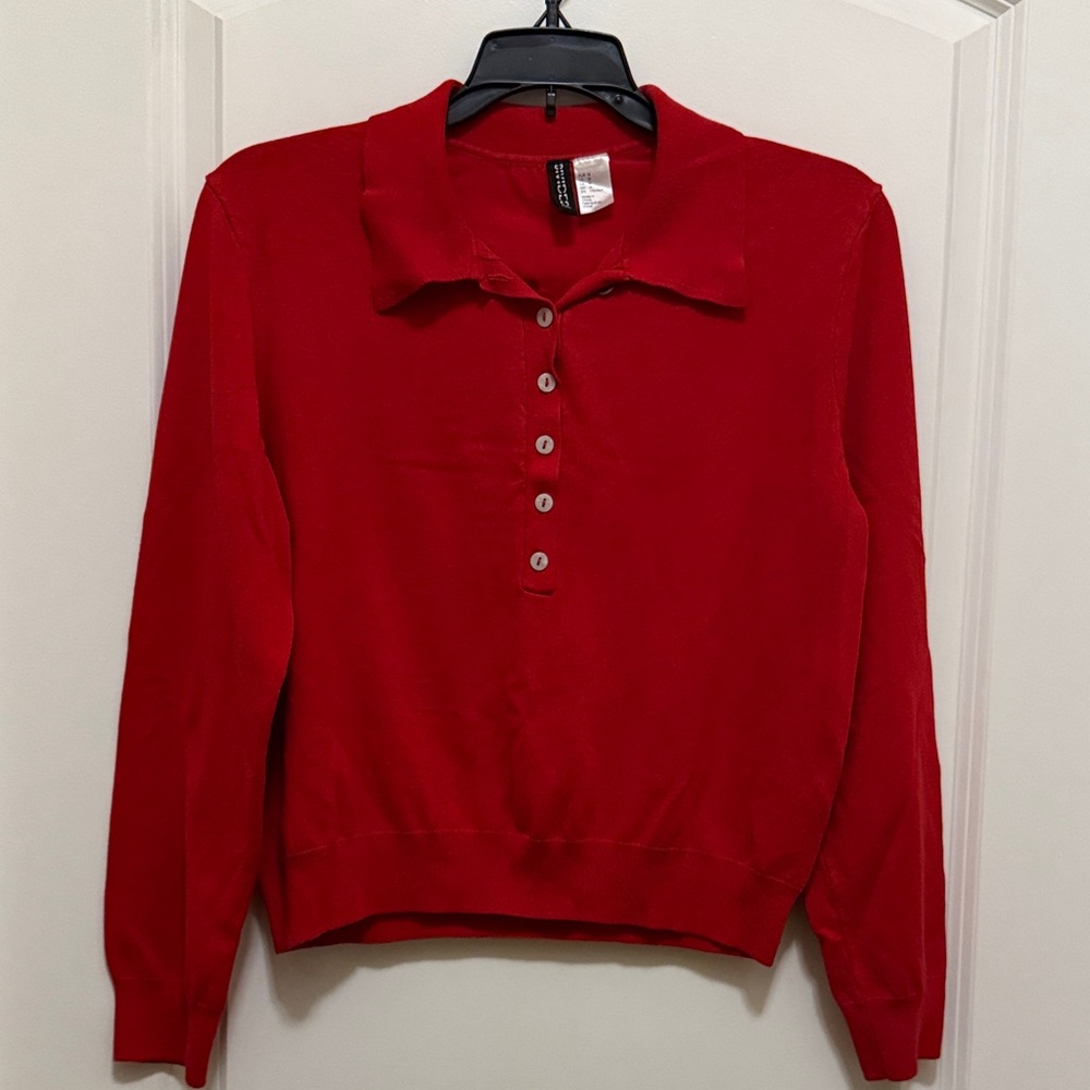 H&M Red Long Sleeve Button Polo Sweater